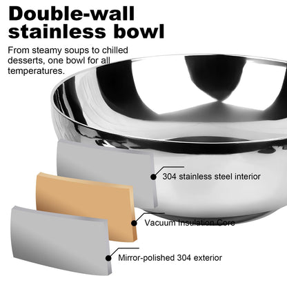 LANGMINGDE 304 Stainless Steel Pasta Bowls, 47oz Double Walled Insulated Soup & Salad Bowls Unbreakable, 8.7" Large Cereal/Ramen/Udon/Noodle/Pho Bowl Plates with Spoons & Forks, Dishwasher Safe