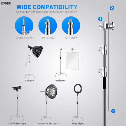 280cm Pro C-Stand Light Stand – Stainless Steel with 103cm Boom Arm, Adjustable Base, 2 Grip Heads, Carrying Bag, Sandbag & Clips for Photography & Video Lighting