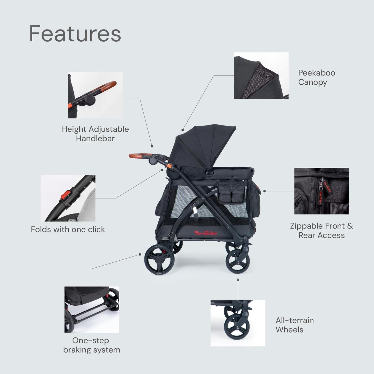 Familidoo MJ01 Stroller Wagon with Removable Bassinet & Seat, Snack Tray Included, Zippered Front and Rear Doors, Mesh Ventilated Panels (Black)