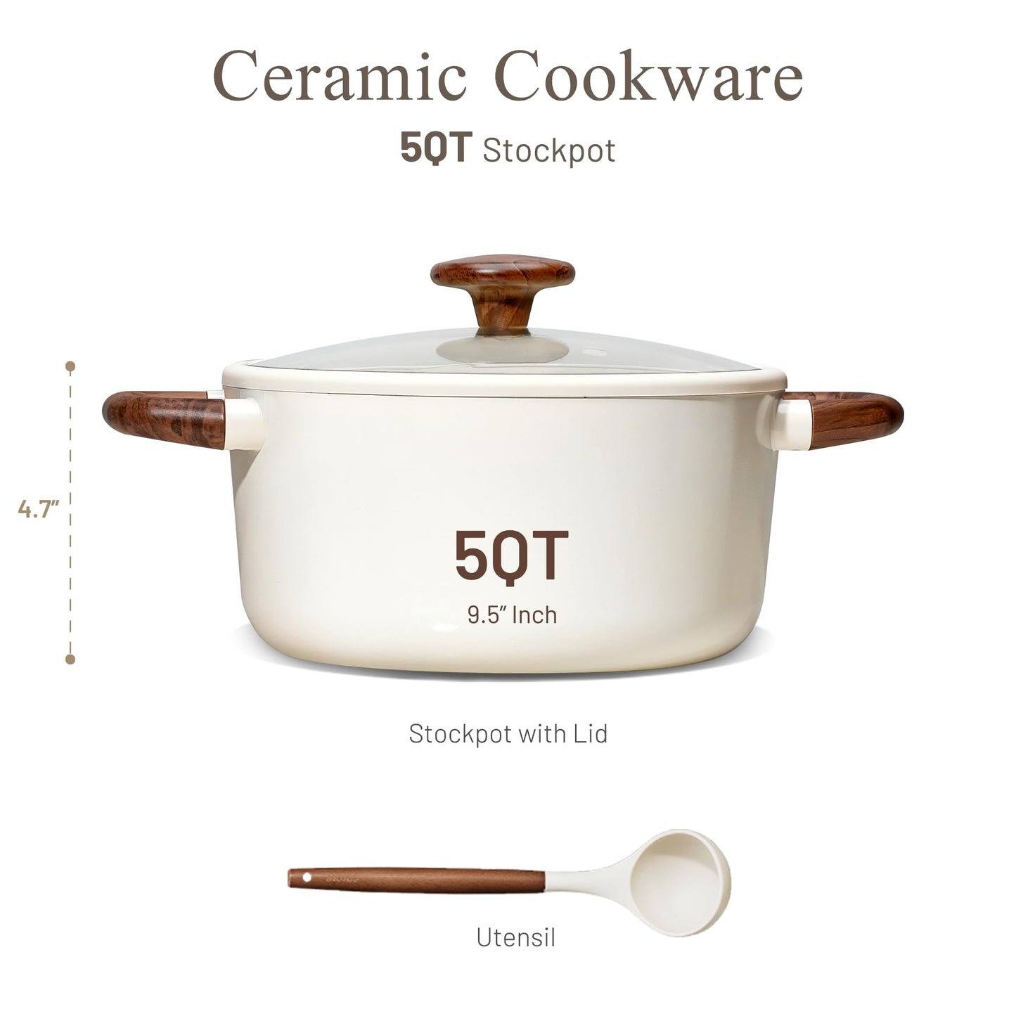 CAROTE 5QT Nonstick Stock Pot with Lid, 5 Quart Casserole with Ladle, Even Heating Stockpot, Fits All Stoves, Non Stick Big Cooking Pots PFOA Free, White