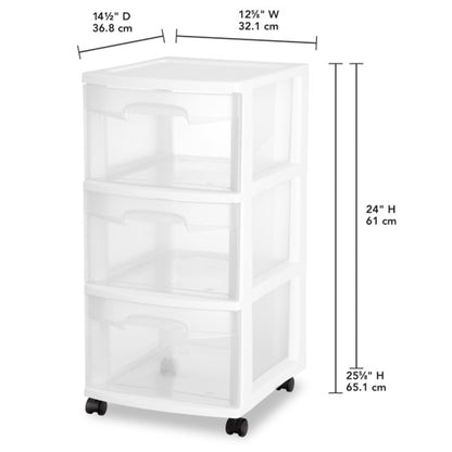 Sterilite 8 Pack Plastic Storage Organizer, 3 Drawer Rolling Bin Cart, Closet Organization, White