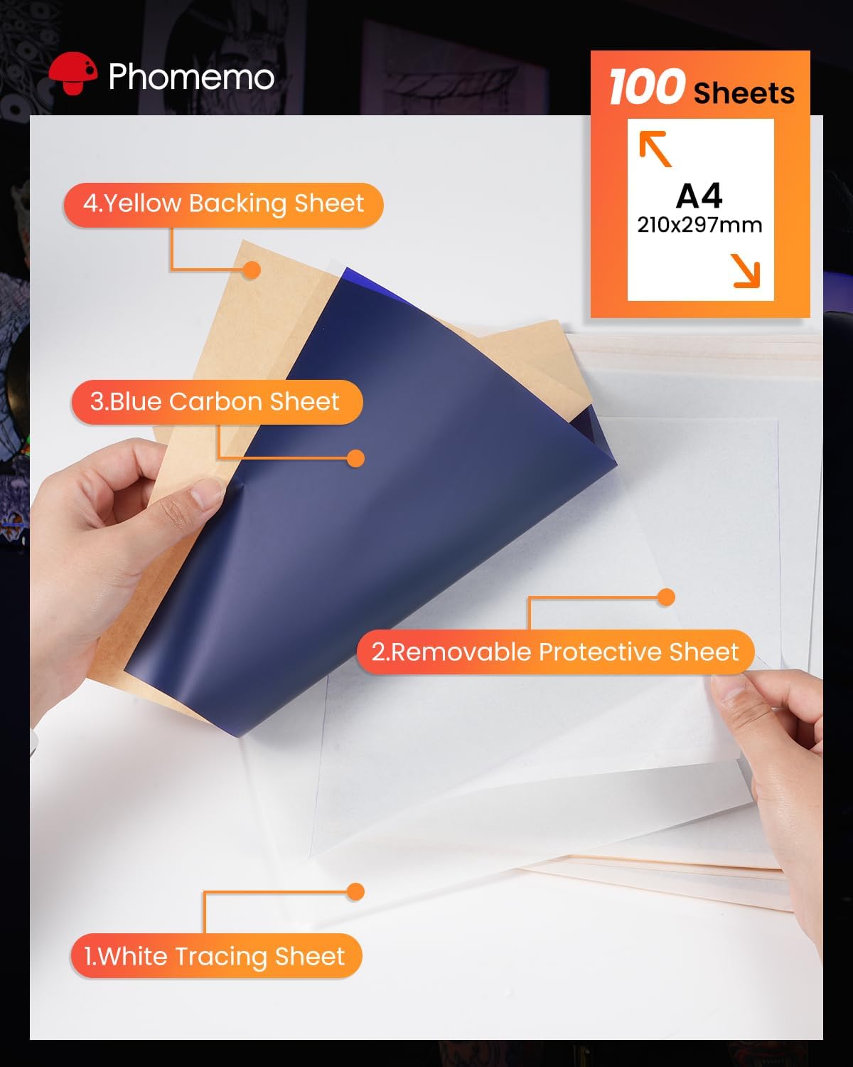 Phomemo Premium Tattoo Transfer Paper - 100 Sheets of Professional Stencil Paper for Tattooing, A4 Size Tattoo Thermal Transfer Paper for DIY Designs - Tattoo Kit for Tattoo Artist (100PCS)