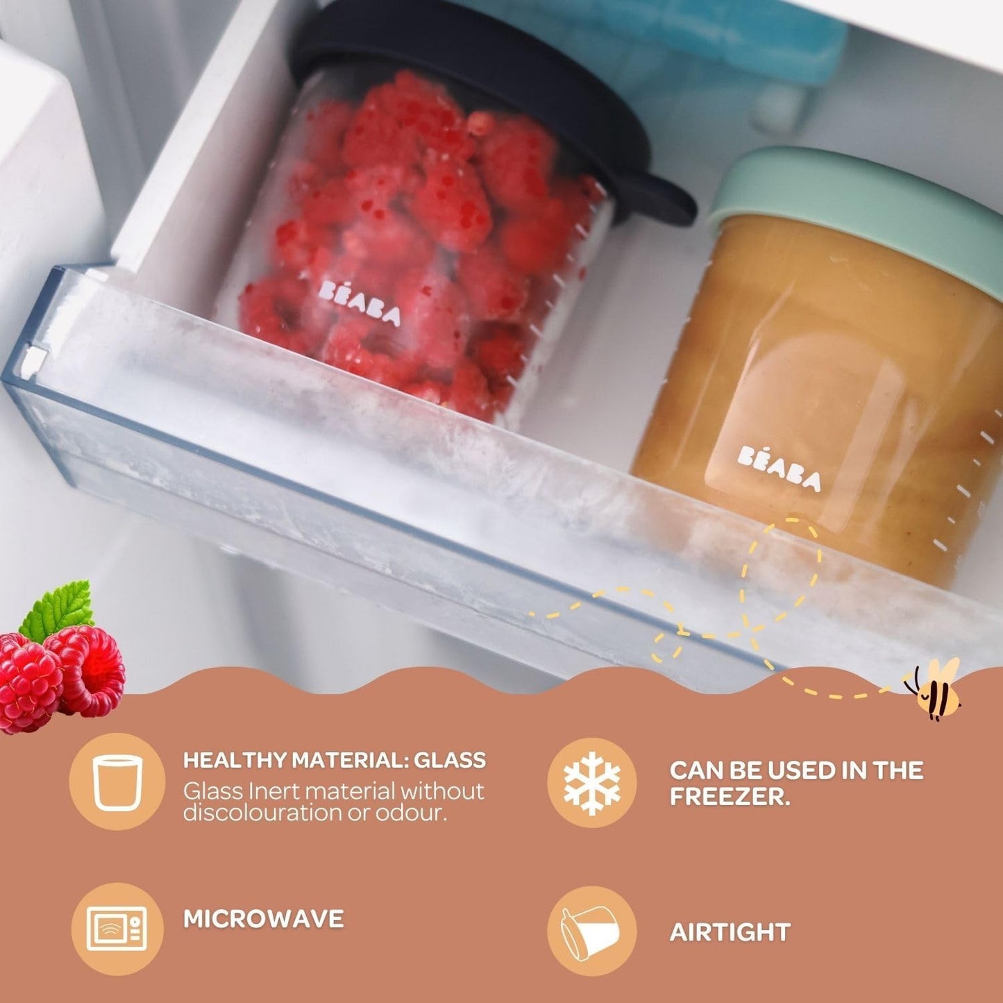 BEABA 6 Pack Glass Baby Food Jars with Soft Silicone Air Tight Lids, 5 oz Glass Storage Containers with Lids, Microwave and Freezer Safe Containers, Sunrise