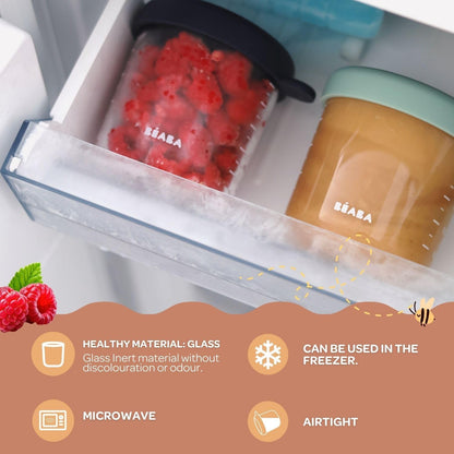 BEABA 6 Pack Glass Baby Food Jars with Soft Silicone Air Tight Lids, 5 oz Glass Storage Containers with Lids, Microwave and Freezer Safe Containers, Sunrise