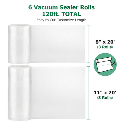 FRESKO Vacuum Sealer Bags Food Rolls 6 Packs - 8" x 20' & 11" x 20', Commercial Grade Seal a Meal Bags for Storage Food and Sous Vide, BPA Free, Customized Size for Vacuum Sealer
