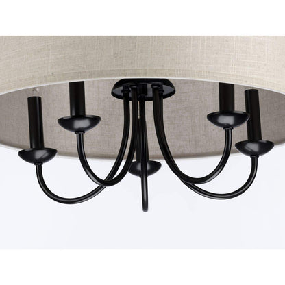Progress Lighting Drum Shade Collection Five-Light Chandelier, Farmhouse Style Hanging Ceiling Light Fixture for Dining Rooms, Foyers, Harvest Linen Shade, Matte Black