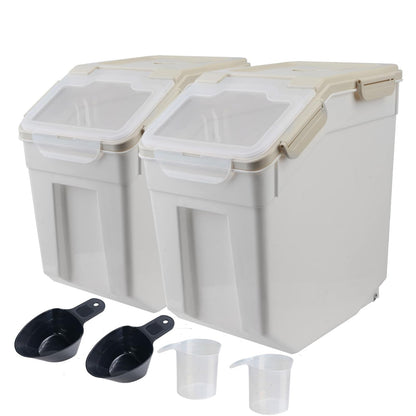 Qiveno Large Flour Storage Container Bin 25lb, 2Pack Airtight Rice Storage Containers with Wheels Seal Locking Lid, BPA Free with Measuring Cup&Scoop for Flour, Rice, Grain(Gray)