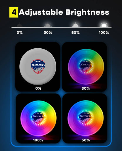 Xeuch Light Up Flying Disc 2 Pack, 175g, 16 Lighting Modes, 4 Brightness, 600mAh Rechargeable Battery, Built-in Timer and Sensor for Beach Camping Outdoor Games, Gift for Kids/Teens/Adults