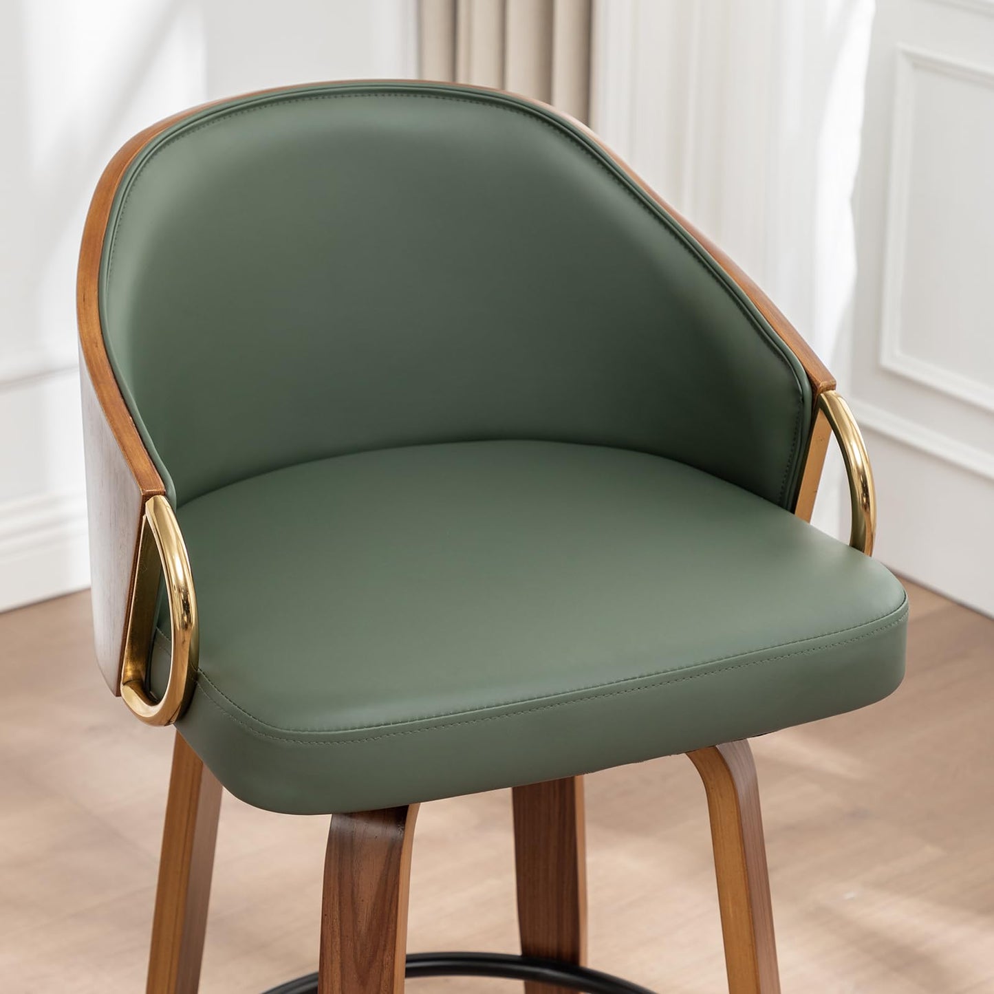 YOUUGIOR 24.8" Swivel Counter Height Bar Stools Set of 3,Green Leather Barstools Mid Century Modern Bar Chairs with Wood Legs and Golden Arms for Kitchen Dining Pub Cafe