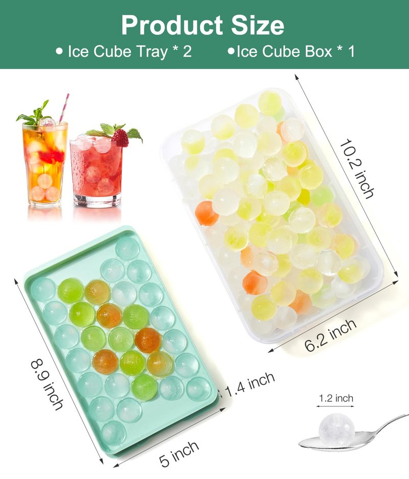 Round Ice Cube Trays with Lid and Bin (2-Pack) - Ice Trays for Freezer,BPA-Free Stackable Ice Ball Maker Mold for Freezer, Makes 62 Ice Balls for Cocktails, Whiskey, Coffee & Parties
