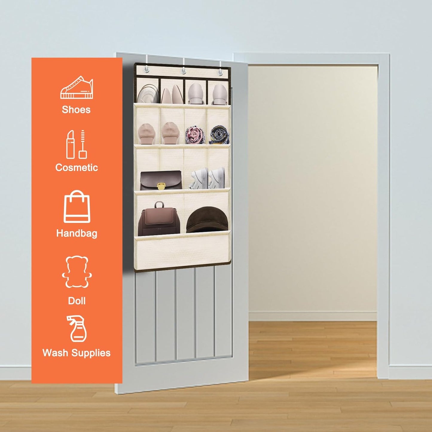 Over the Door Shoe Rack, Short Hanging Organizer with Large Deep Pockets for 14+ Pairs Shoes, Dorm Storage