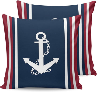 Waterproof Pillow Covers for Couch, Set of 2 Throw Pillow Cases, Nautical White Anchor Navy Blue Red Decorative Cushion