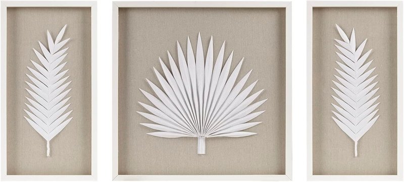 Madison Park Sabal Floral Wall Art - Handmade Canvas Palm Natural Rice Paper Shadow -Box Set, Glass, Wood Frame, Linen Base, Botanical Modern Room Decor for Hallway, Bedroom Accent, Off White 3 Piece