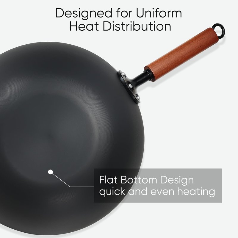CAROTE 12.5" Carbon Steel Wok Pan, 6.5QT Woks & Stir-fry Pans Nonstick, No Chemical Coated Pre-Seasoned Flat Bottom Wok with Lid for Stir Fry, Chinese Cast Iron Wok Cooking Pan All Stovetop Compatible