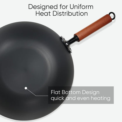 CAROTE 12.5" Carbon Steel Wok Pan, 6.5QT Woks & Stir-fry Pans Nonstick, No Chemical Coated Pre-Seasoned Flat Bottom Wok with Lid for Stir Fry, Chinese Cast Iron Wok Cooking Pan All Stovetop Compatible