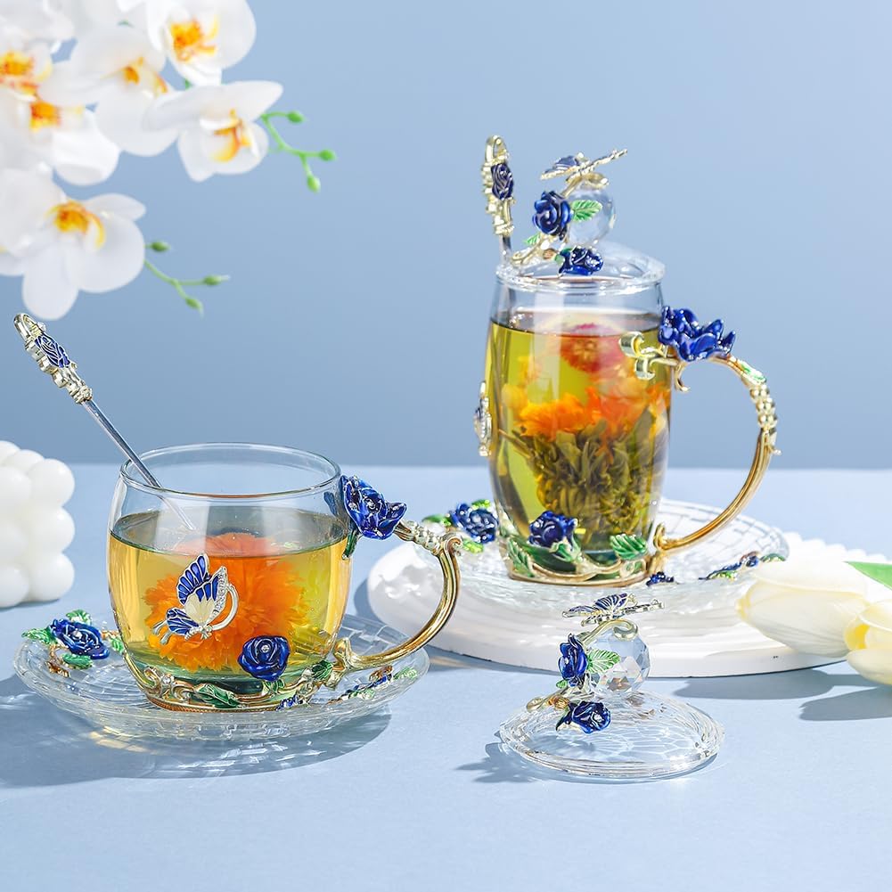 Glass Coffee Mug, Antique Birthday Christmas Gift for Women, Mom, Sister, Girlfriend, Flower Butterfly Cup (Tall Blue)