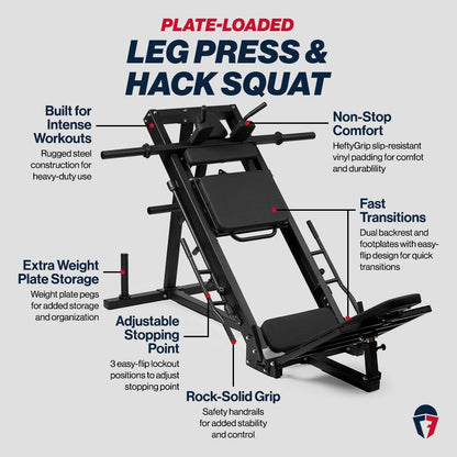 Titan Fitness Plate-Loaded Leg Press Hack Squat Machine Combo, Rated 1000 LB, Three Lockout Positions, Thick HeftyGrip Padding, Quick Adjustments, Lower Body Specialty Machine