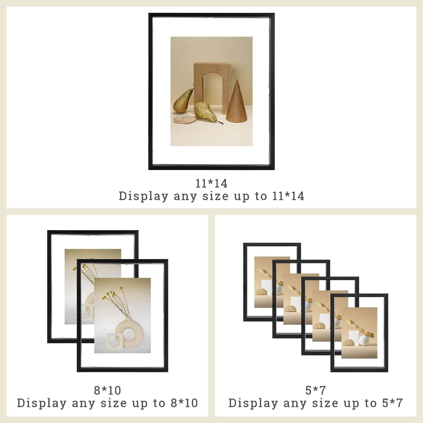 Frametory, Floating Picture Frames Set - Black Metal Photo Frames - Real Glass - Displays One 11x14, Two 8x10, And Four 5x7 Inch Photos for Home Decoration
