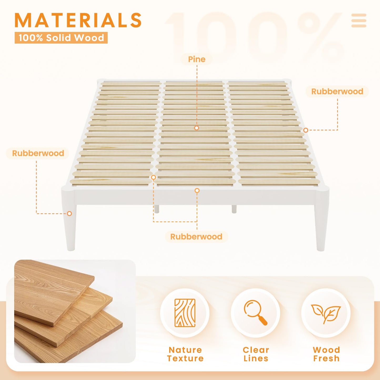 IOTXY King Platform Bed Frame - Solid Wood 16-Inch Height Mattress Foundation Base with Densely Slats and Heavy-Duty Support Legs, No Box Spring Needed, White