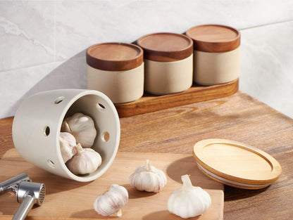 ONEMORE Large Garlic Keeper with Lid, Ceramic Garlic Saver 5 inch, Garlic Keeper for Counter, Gray