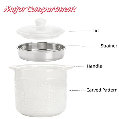 Lyellfe Ceramic Bacon Grease Container, 1.2L/40 Oz Oil Filter Pot with Strainer, White Carved Cooking Oil Container for Fat Frying Used Cooking Oil Kitchen