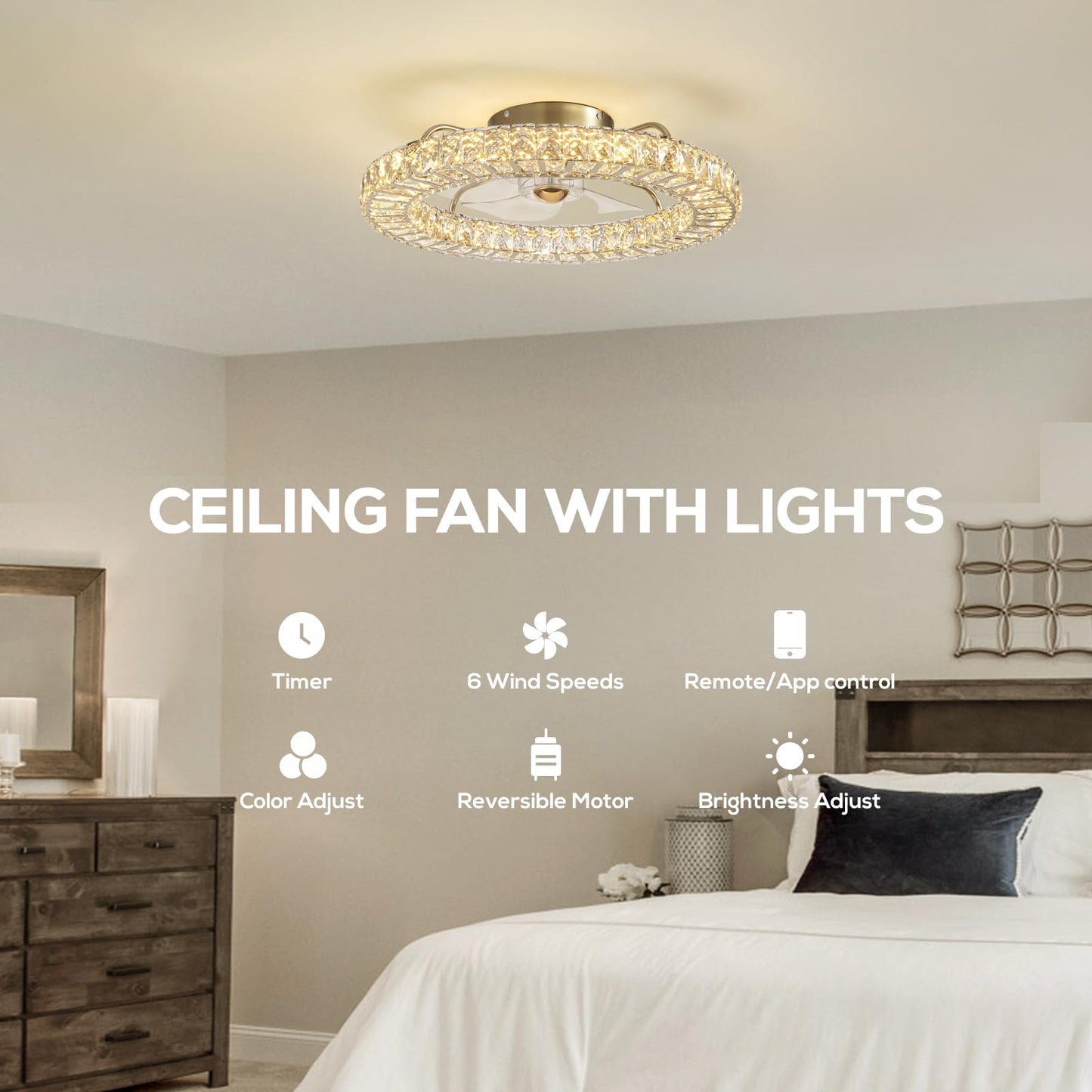 MOOONICHE 22" Low Profile Flush Mount Ceiling Fan, Ceiling Fan with Light and Remote, Dimmable Fandelier with Crystal Lampshade, Bladeless Enclosed Fan Light-Gold