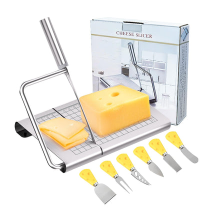 Pershook Cheese Slicer, with Measuring Grids Board & 6 Piece Cheese Knives, Stainless Steel Cheese Cutter with Blade, for Block Cheese, Butter and Sausages, Dishwasher Safe