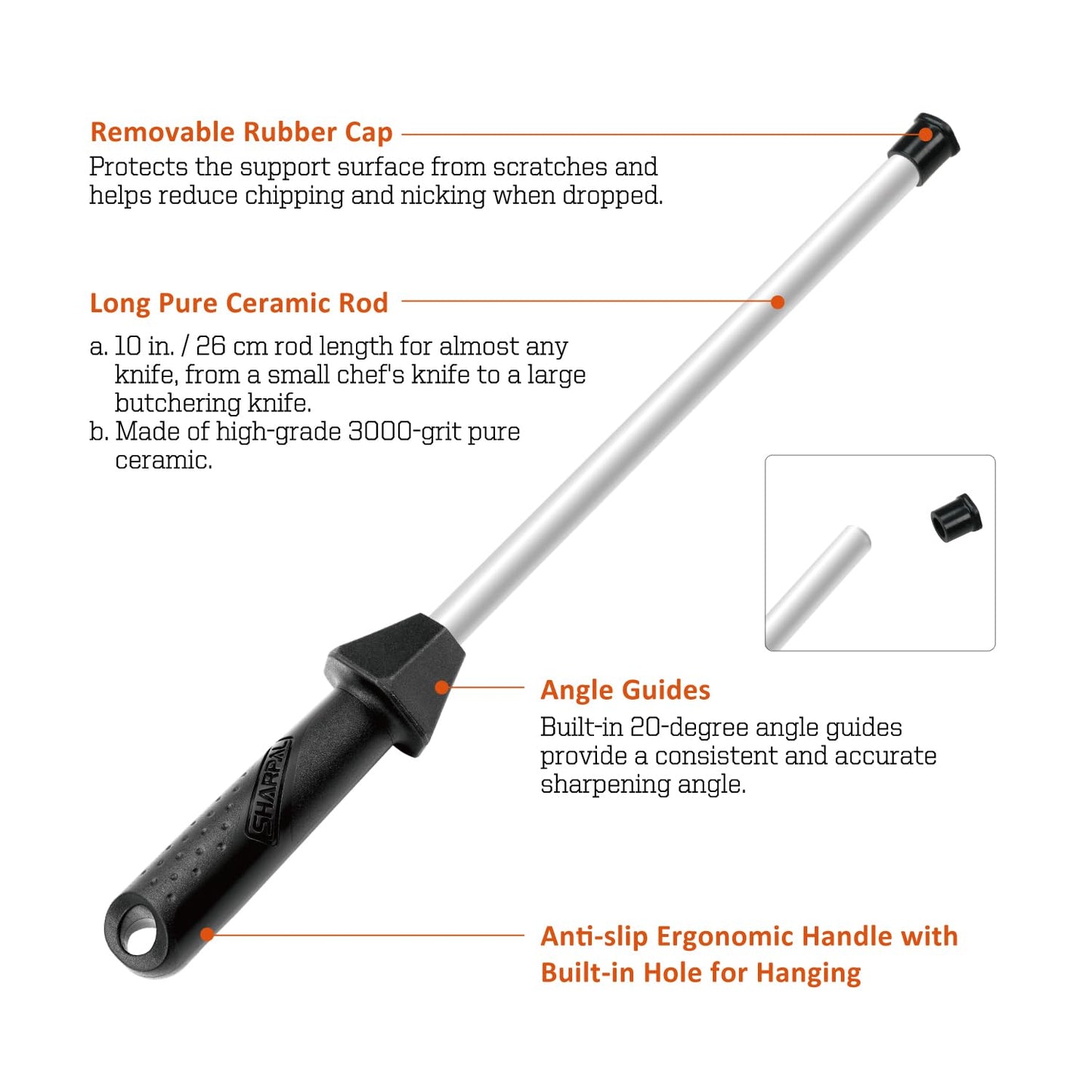 SHARPAL 118H Ceramic Honing Rod - Professional Knife Sharpener Steel, Ceramic Sharpening Rod for Kitchen Knives, Built-in Angle Guide, Anti-Break Cap, Durable Sharpening Stick Mothers Day Gifts