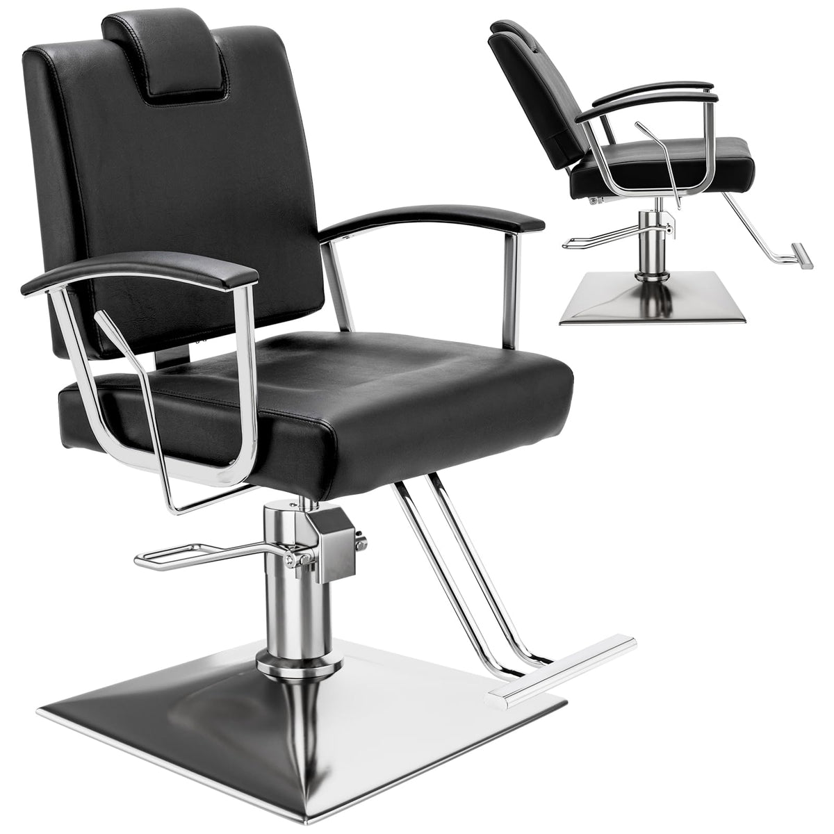 Barber Reclining Chair with Headrest - Heavy Duty Hydraulic Pump Height Adjustable,360°Swivel ,Max Load Weight 440 Lbs,Beauty Salon Spa,Barbershop,Hairdresser Cutting,Styling Stylist,Braiding (Black)