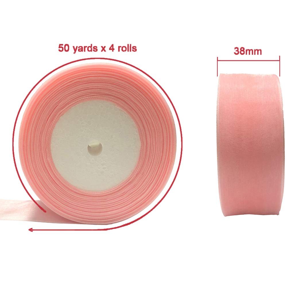 Sailing-GO 200 Yards（4 Rolls * 50 Yd） 1-1/2" Wide Sparkle Sheer Chiffon Organza Ribbon for Wedding Gift Package Valentines Bouquets Wrapping Birthday Baby Shower Home Decor Wreath Decorations Fabric