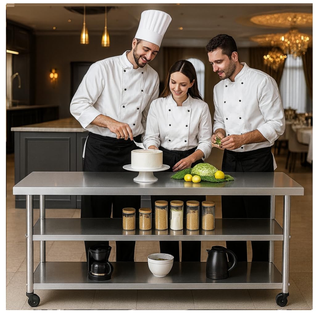 Stainless Steel Table with Wheels for Food Preparation and Work, Multi-Size Optional, Three-Layer Variable Two-Layer Metal Commercial Workbench Outdoor, Restaurant, Kitchen (72" Lx24 Wx34 H)