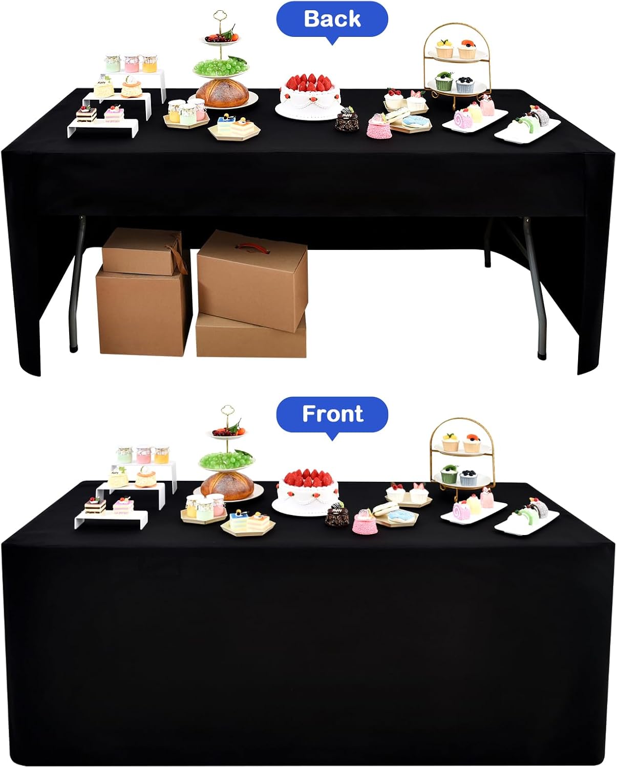 2 Pack 4ft (48x24 Inch), 3-Sided Wolkemer Open Back Fitted Tablecloth Rectangle Vendor Table Cloth Washable Black