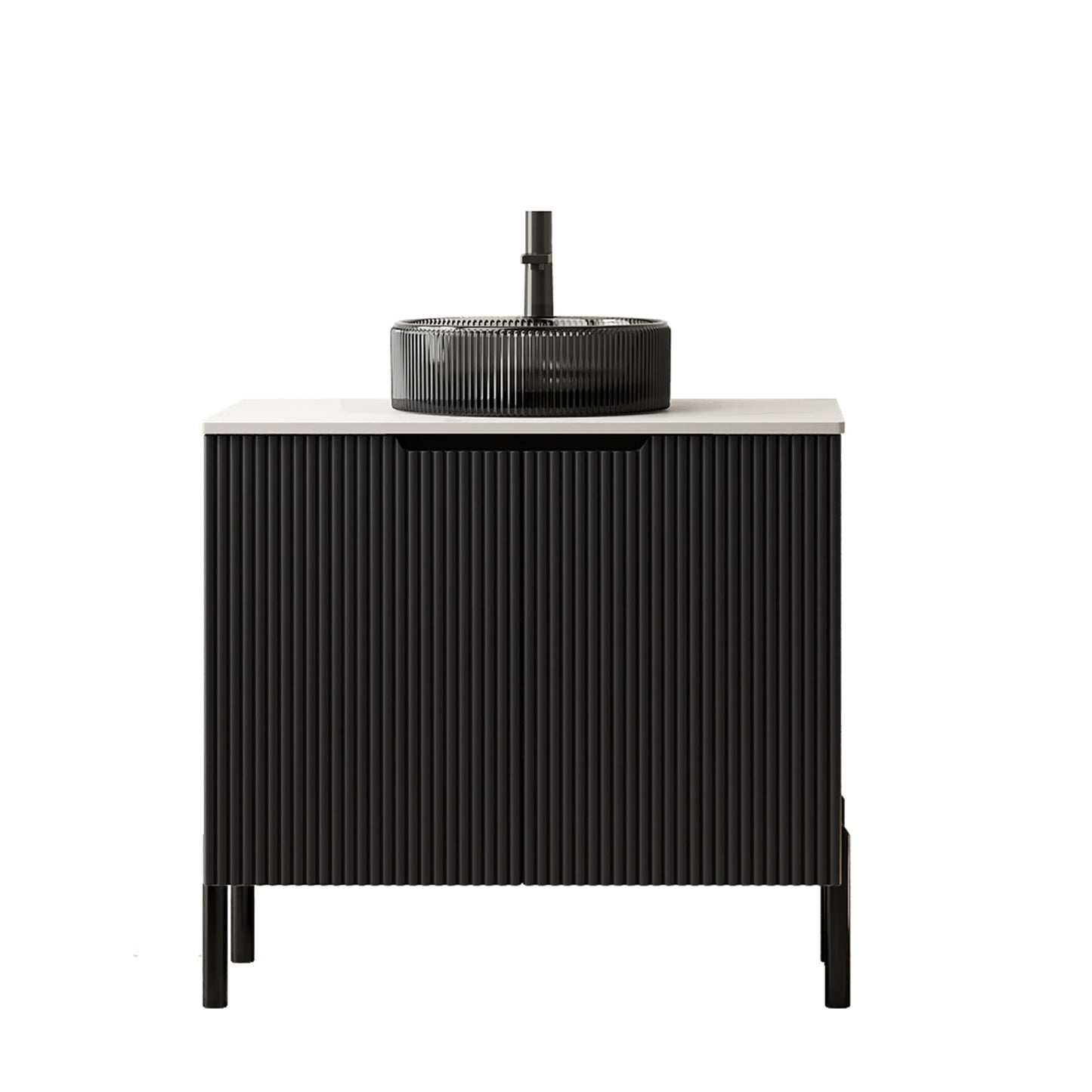 GDFStudio 30" Freestanding Bathroom Vanity with Sink, Turio Black Storage Cabinet with Double Doors, Carrara White Sintered Stone Countertop, Soft Close System, Modern Black Round Glass Basin