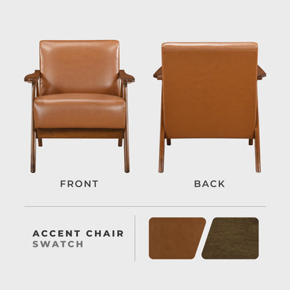 Lexicon Mid Century Modern Accent Chair with Solid Wood Frame in Walnut Finish, Faux Leather Living Room Lounge Arm Chair, Thick and Comfy Innerspring Seat Cushion, Brown