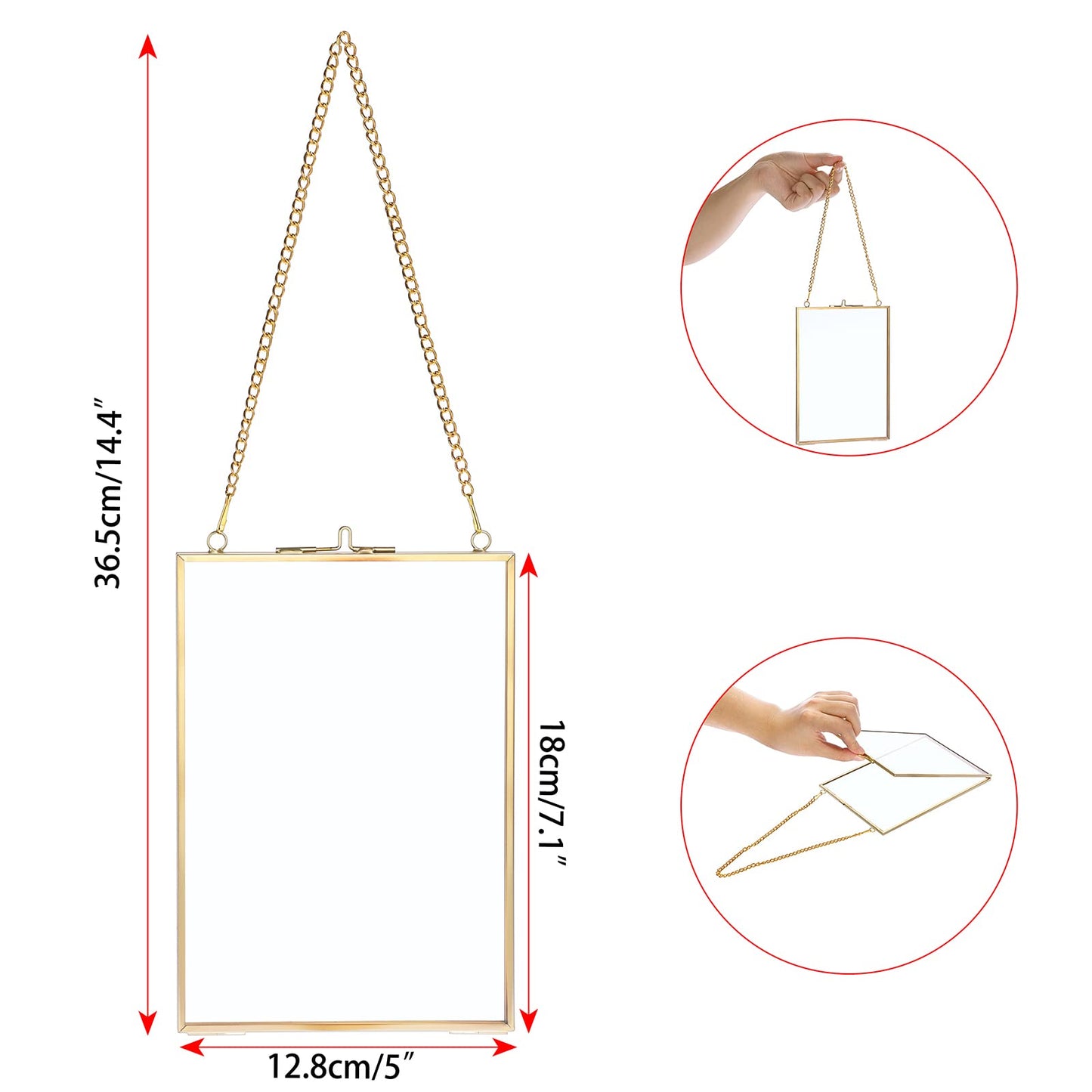 JUXYES Set of 2 Wall Hanging Brass Frames Ornament for Pressed Flowers, Double Glass Hanging Picture Artwork Display Frame, Vertical Gold Floating Style Gallery Wall Frame for Photo Picture Poster etc, 5x7 Inches