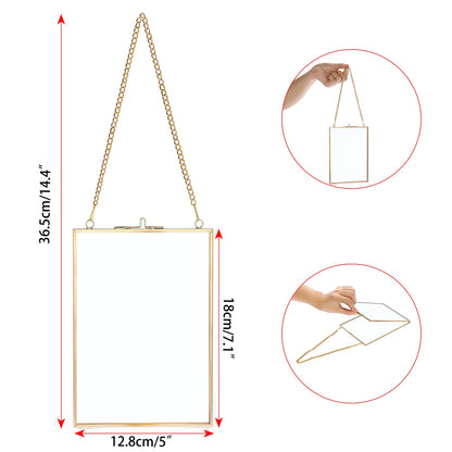 JUXYES Set of 2 Wall Hanging Brass Frames Ornament for Pressed Flowers, Double Glass Hanging Picture Artwork Display Frame, Vertical Gold Floating Style Gallery Wall Frame for Photo Picture Poster etc, 5x7 Inches