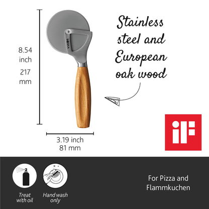 Boska Pizza Cutter Oslo+ - Large Pizza Wheel Cutter - Wooden Handle - Stainless Steel Non-Stick Wheel
