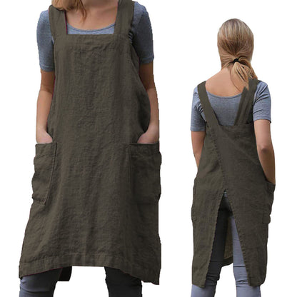 ZQFFB Pinafore Cross Back Apron for Women with Pockets Japanese Smock for Work Gardening Cooking Painting Baking