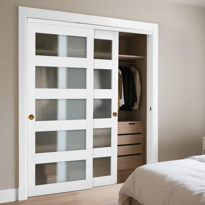 VEVOR Sliding Closet Door, 60" (Double 31") x 80", 5-Lite Frosted Glass with Hardware Kit & Floor Guide, Solid Wood & MDF Slab with Waterproof PVC Surface, Pre-Drilled Doors Panel, Need to Assemble