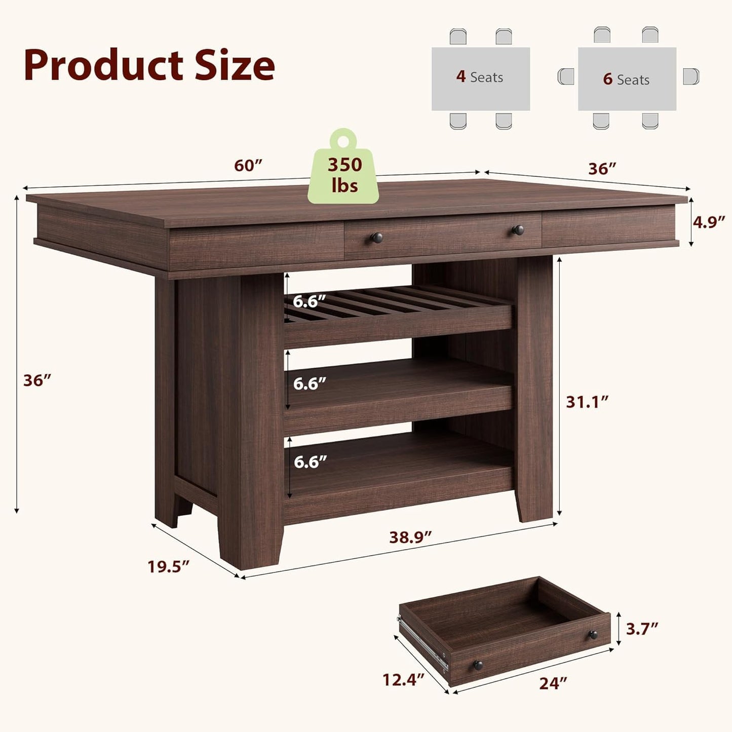 GAOMON 36" Tall Farmhouse Counter Height Dining Table for 4-6, Wooden Bar Height Kitchen Table with Thick Top, Deepened Wine Rack & Shelves, 2 Drawers, Rectangular, for Bar, Kitchen, Pub, Retro Brown
