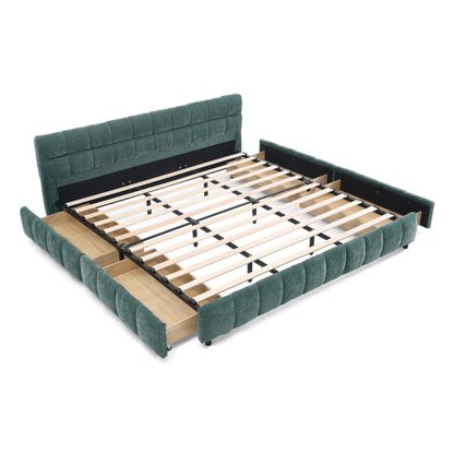KEIKI King Thick Chenille Bed Frame with 4 Storage Drawer & Upholstered Tufted Headboard, Modern Solid Wood Floor Platform for Bedroom, No Box Spring Needed
