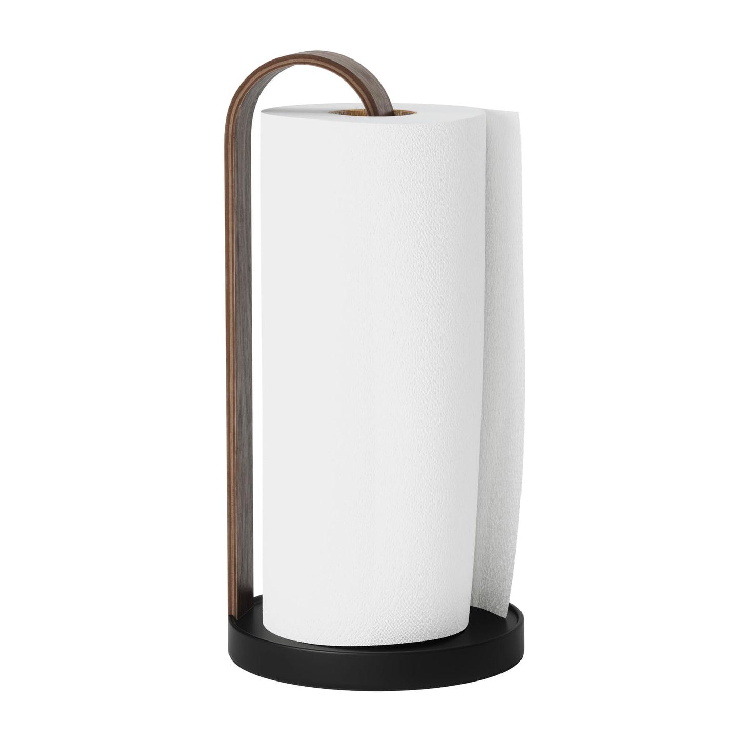 Umbra Bellwood Paper Towel Holder for Kitchen Countertop, with Real Wood Stand and Weighted Metal Base, Black/Walnut