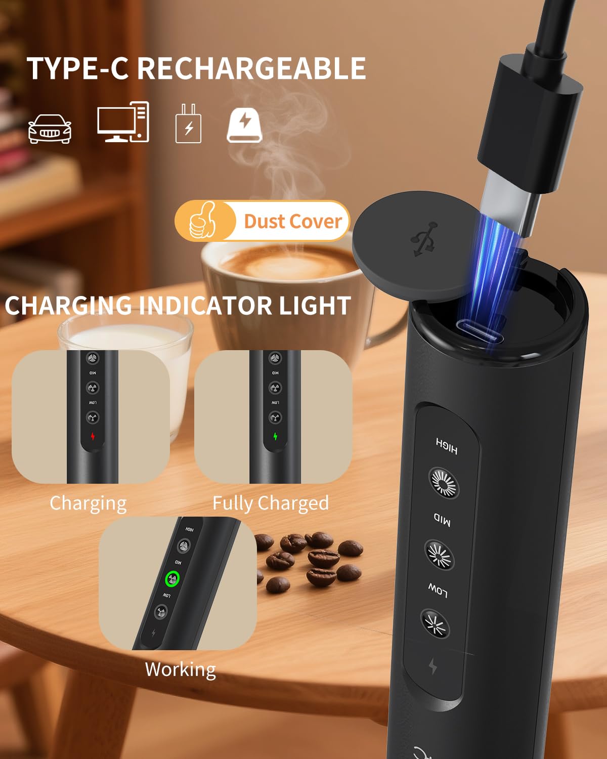 CIRCLE JOY Rechargeable Handheld Milk Frother Wand with Stand, 3 Variable Speeds, 3 Whisks and Storage Box, Electric Drink Mixer for Latte, Cappuccino, Hot Chocolate, Eggs and Protein Powder, Black