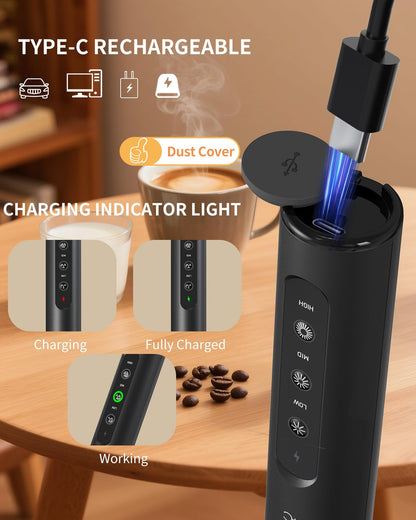 CIRCLE JOY Rechargeable Handheld Milk Frother Wand with Stand, 3 Variable Speeds, 3 Whisks and Storage Box, Electric Drink Mixer for Latte, Cappuccino, Hot Chocolate, Eggs and Protein Powder, Black