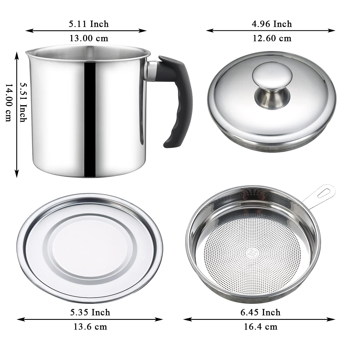 Berglander Bacon Grease Container With Strainer 47oz/1.4L, Stainless Steel Oil Storage Container with Fine Mesh Strainer Dust-proof for Storing Frying Oil and Cooking Fat, Cooker Accessories