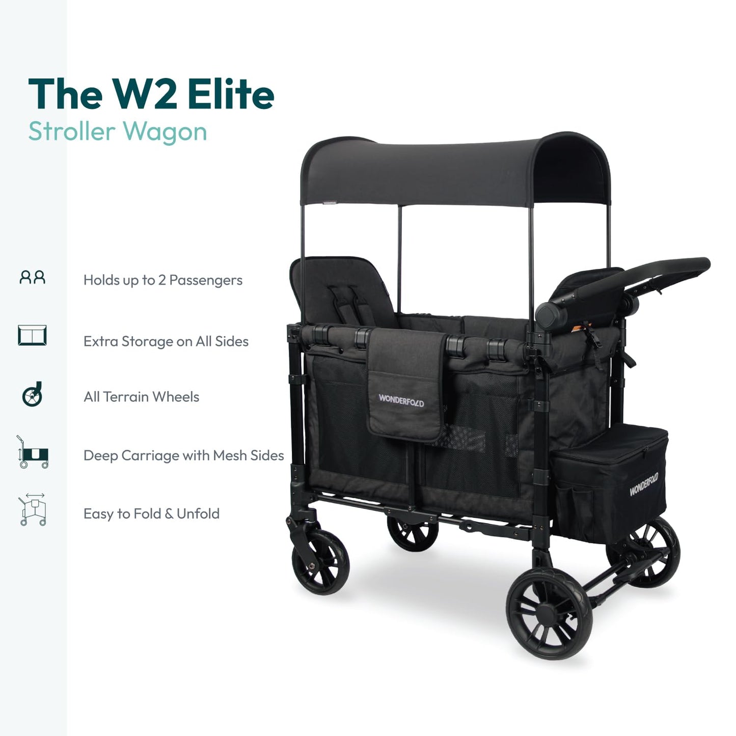 WonderFold W2 Elite Stroller Wagon - Foldable Wagon with Steel Frame - Adjustable Canopy & Push Handle - All-Terrain Wheels - for Babies, Toddlers & Kids - 2 Seater - Jet Black