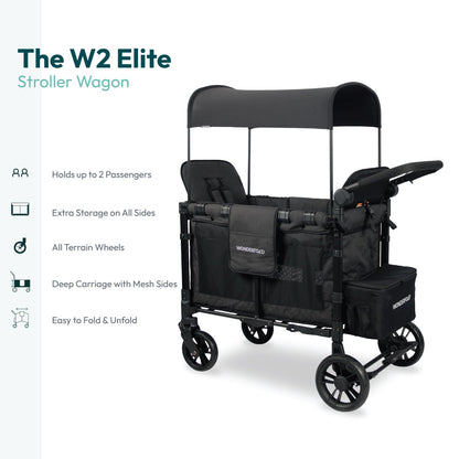 WonderFold W2 Elite Stroller Wagon - Foldable Wagon with Steel Frame - Adjustable Canopy & Push Handle - All-Terrain Wheels - for Babies, Toddlers & Kids - 2 Seater - Jet Black