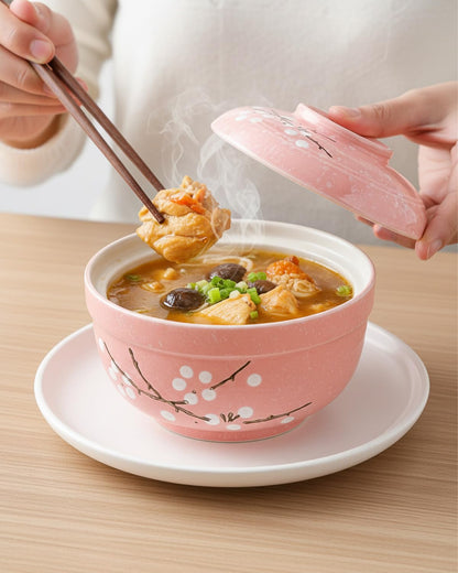 Zitonyang Ceramic Ramen Bowl, 2 Pack 27 Oz Ramen Bowl With Lid Japanese Soup Bowls With Lid Korean Soup Bowls For Noodles, Porridge, Rice, Dishwasher Safe (Pink, Griege)