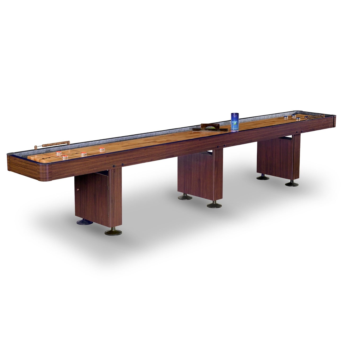 Hathaway Challenger 14 Ft Shuffleboard Table for Family Arcade Game Room - With Poly-Coated Playfield, Built-In Scorer & Cabinet, Climate Adjusters, Leg Levelers, 8 Pucks, Brush & Wax - Walnut Finish