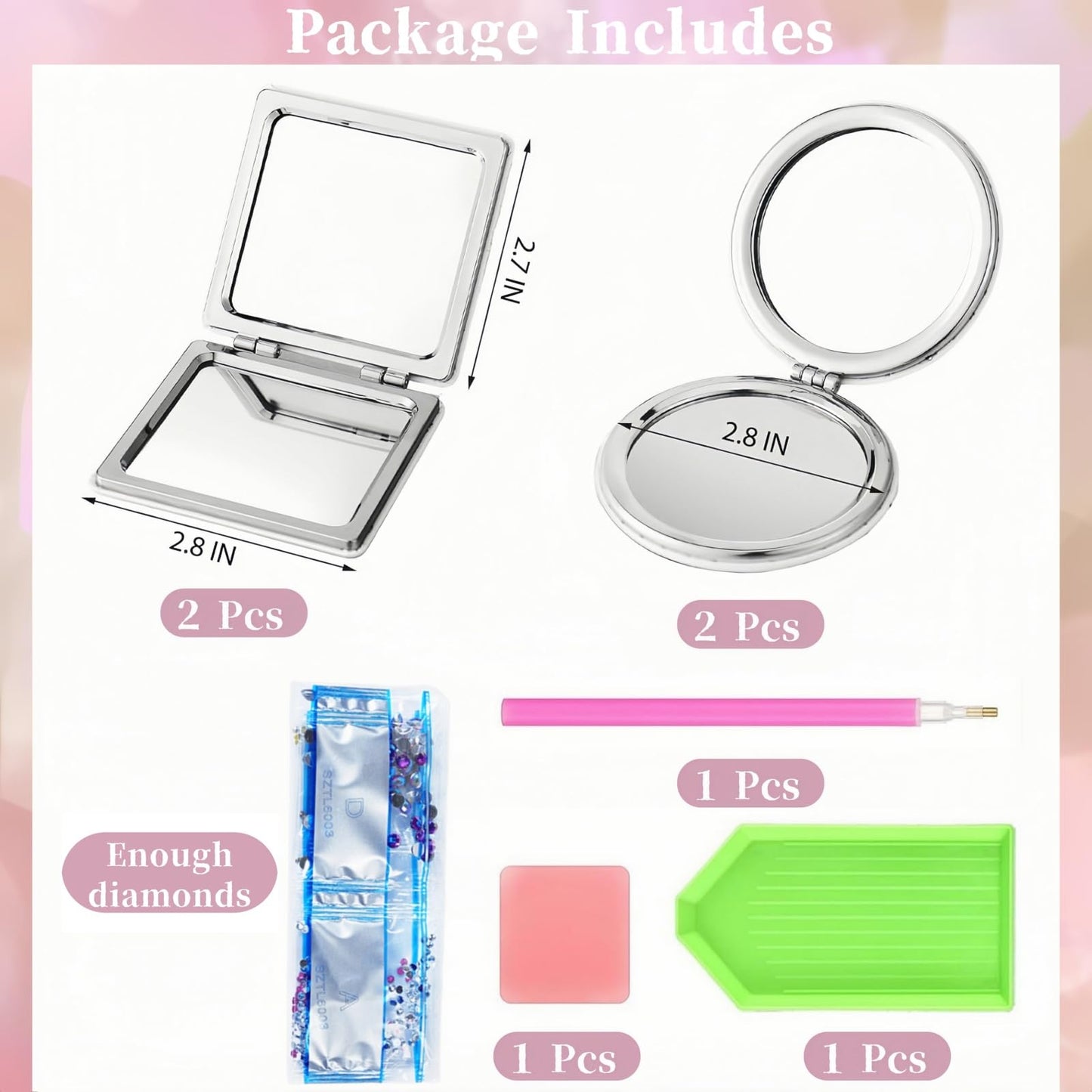Bulerrylulu 4 Pcs Diamond Painting Compact Mirror Gem Art Mirror Pink Pocket Mirror Compact Diamond Art Small kit for Beginners Adults DIY Art Craft Woman Gifts